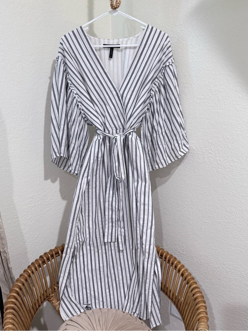 BCBGMAXAZRIA cotton striped faux wrap dress